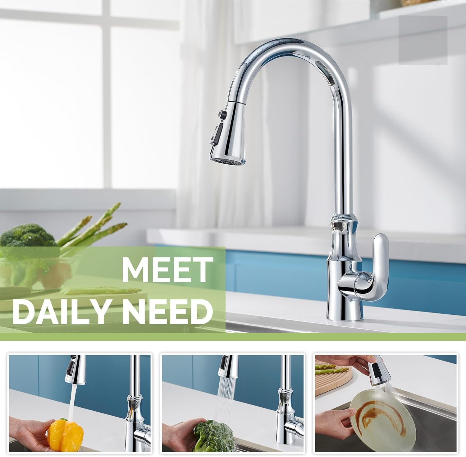 Angle Simple – Cabezal de repuesto para grifo de cocina, cromado, 3 funciones, cabezal de grifo dual Aquablade para fregadero de cocina, cabezal