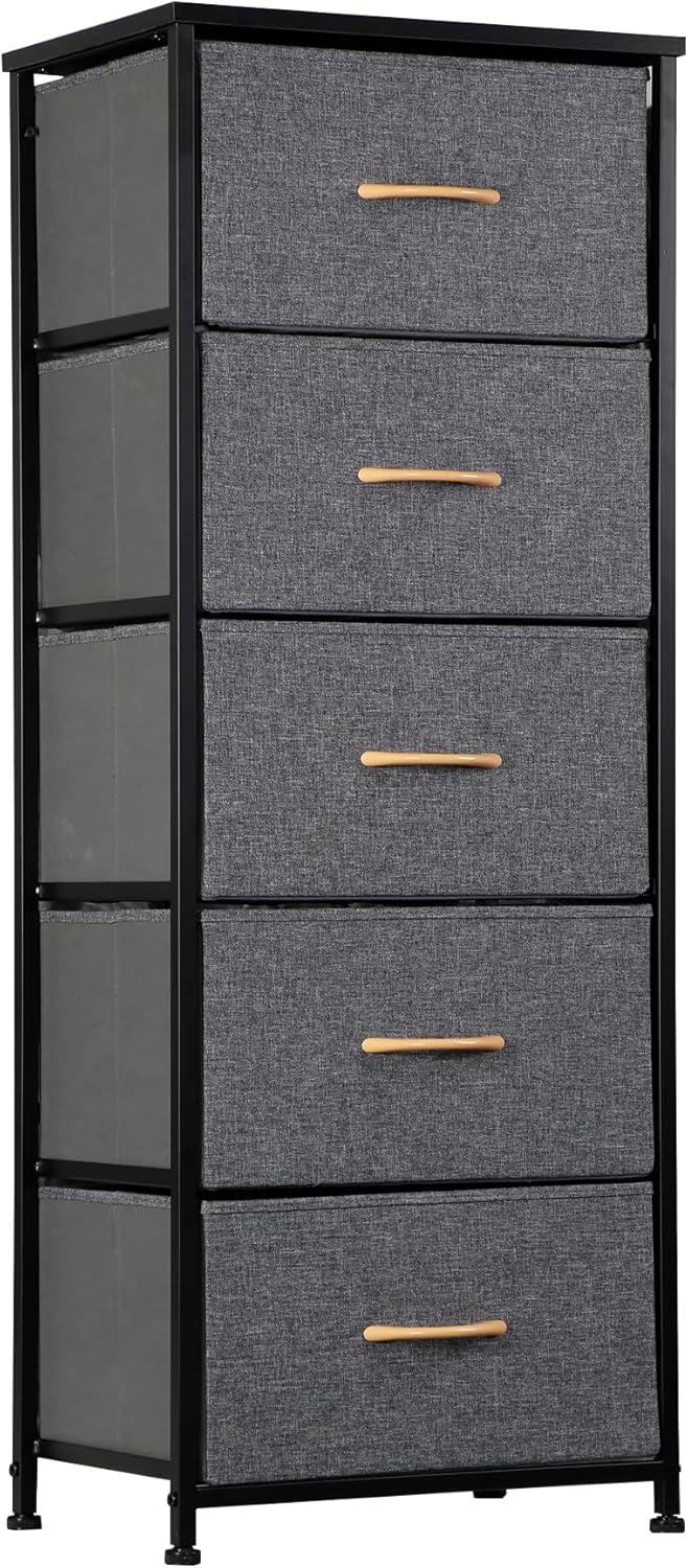 SUPER DEAL Cómoda de tela para dormitorio de 46 pulgadas de alto, cómoda de almacenamiento vertical con 5 cajones de almacenamiento, parte superior