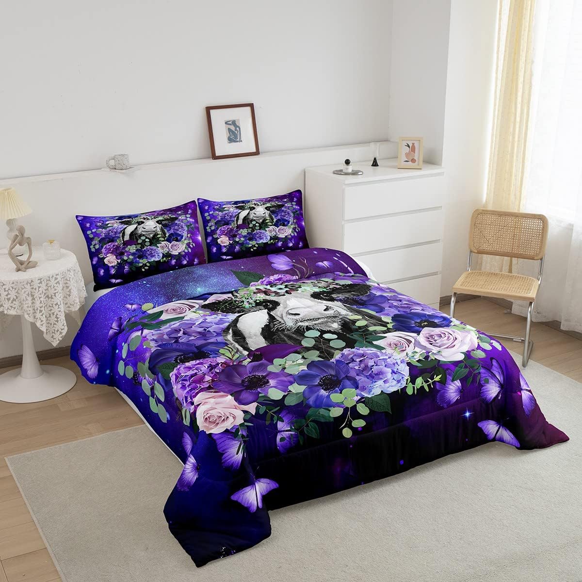 Erosebridal Juego de edredón de vaca de las Highland para niños y niñas, juego de ropa de cama tamaño individual, diseño de mariposa y rosa morado,
