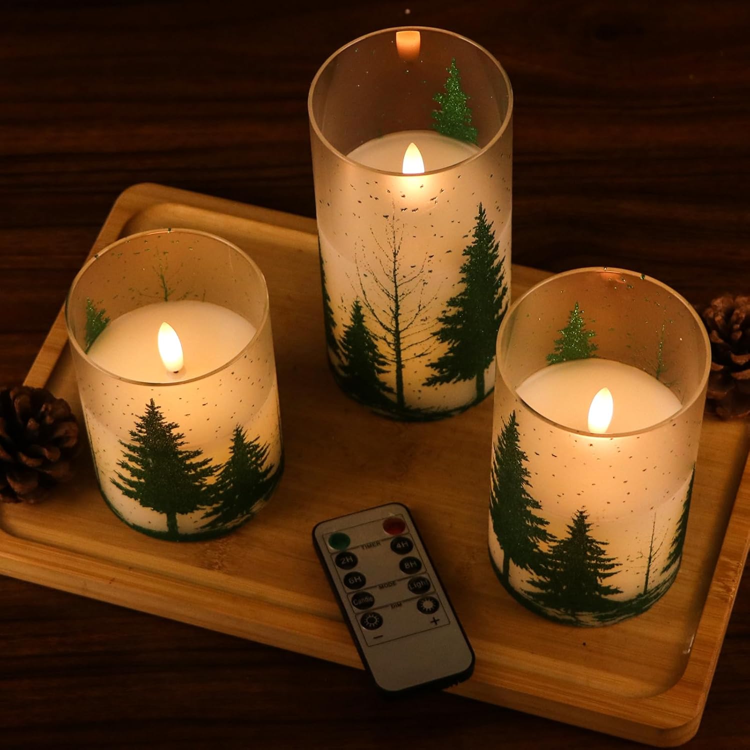 DRomance Velas de cristal sin llama de árbol de Navidad con temporizador remoto, funciona con pilas, cera real, mecha 3D, luces LED parpadeantes,