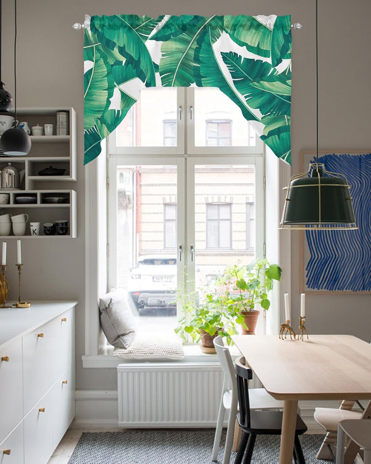 Cortinas cortas con cenefa para cocina, cortina corta con bolsillo para barra, con estampado de hojas tropicales, con aislamiento térmico y