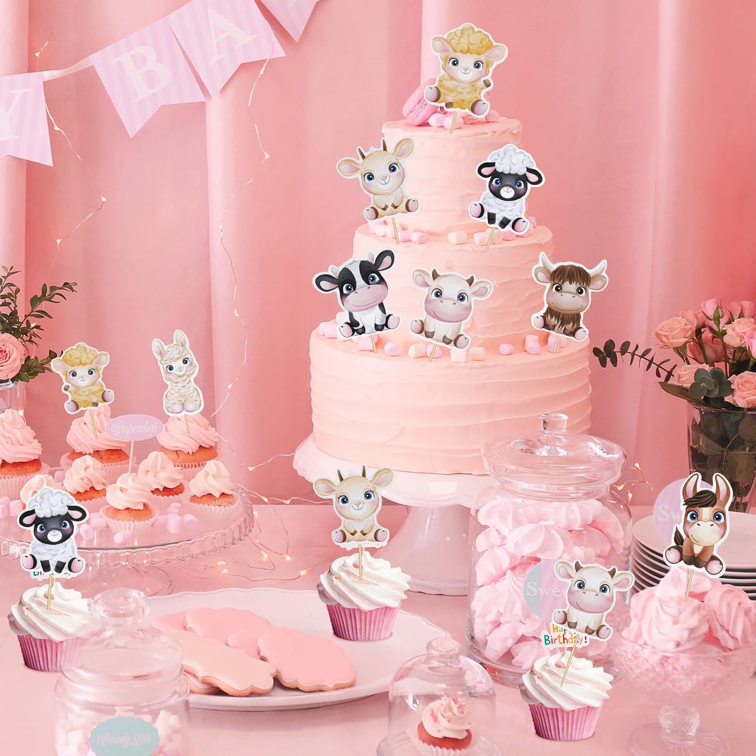 RAYNAG 32 piezas de adornos para cupcakes de animales de granja, decoración rústica para cupcakes, vaca, oveja, burro, decoración de pasteles para