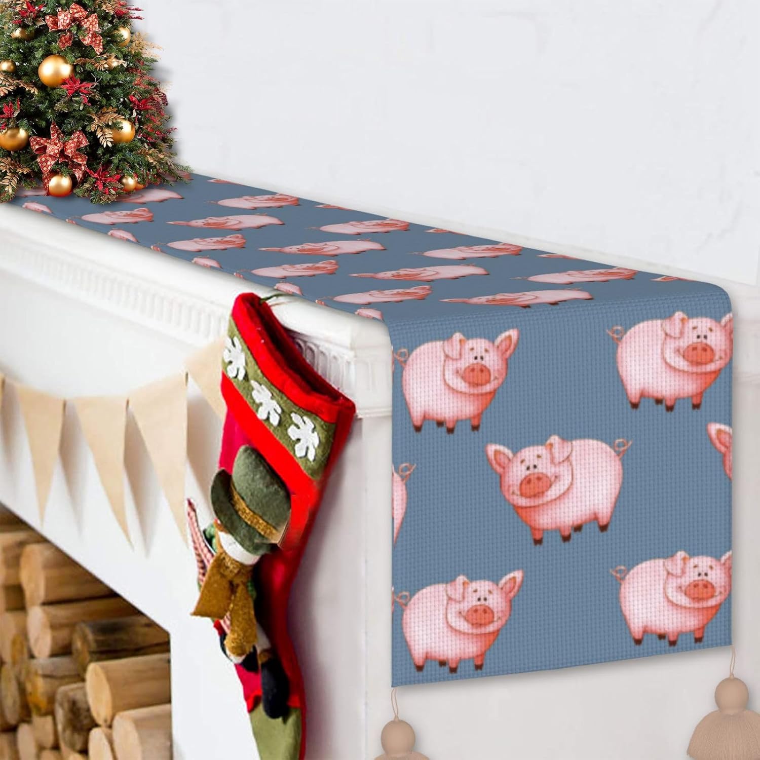 Camino de mesa de Navidad con cerdo de acuarela, decoración de mesa de comedor, decoración de Navidad, decoración de interiores del hogar, caminos