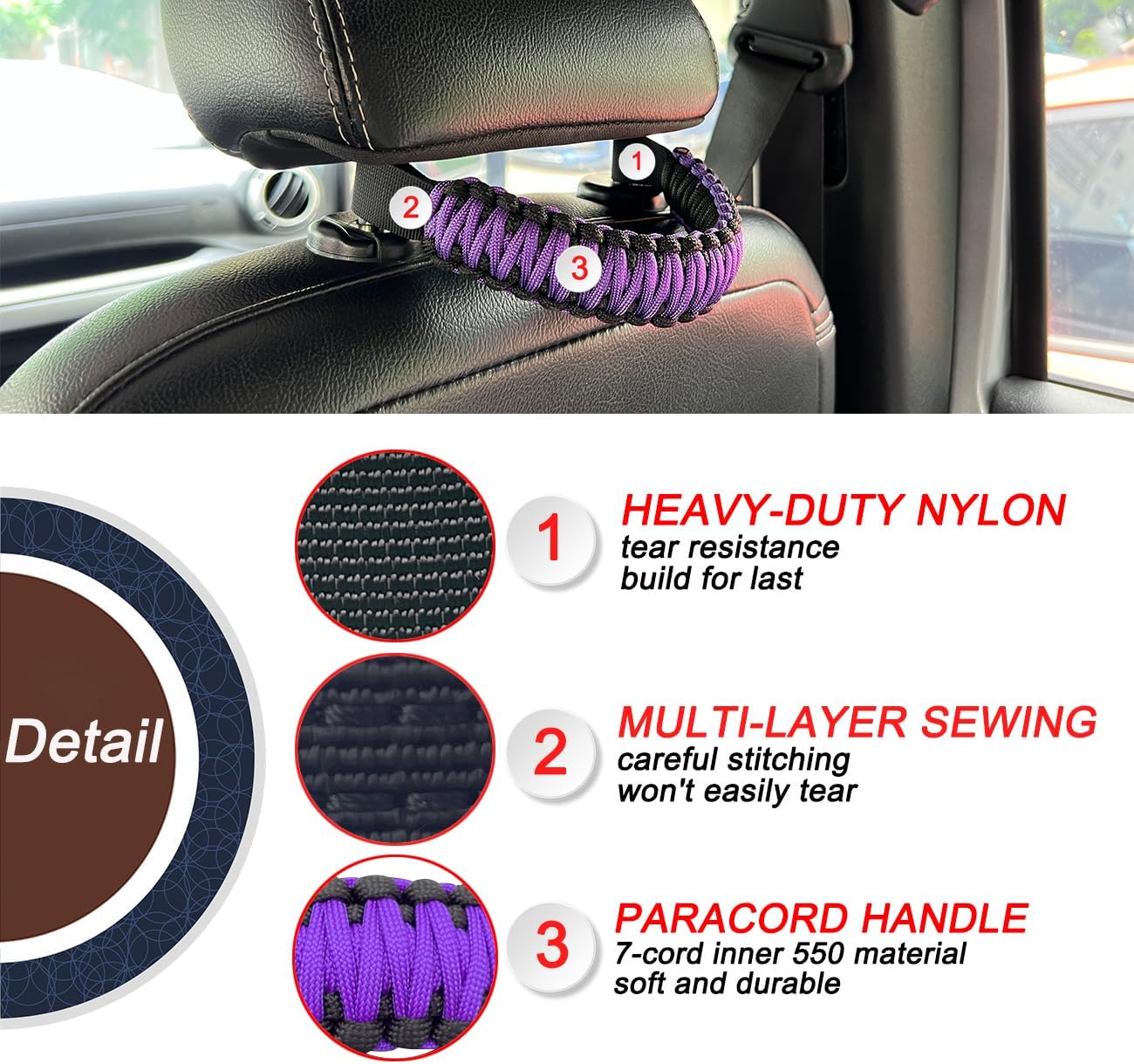 Asas de agarre para reposacabezas (púrpura), asas de agarre para reposacabezas de paracaídas para Jeep Tacoma Bronco 4Runner, asas de agarre