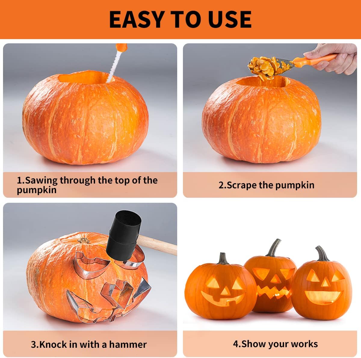 Kit de tallado de calabaza, paquete de 13 plantillas de metal con martillo, herramientas de cuchillo de calabaza de acero inoxidable de alta calidad