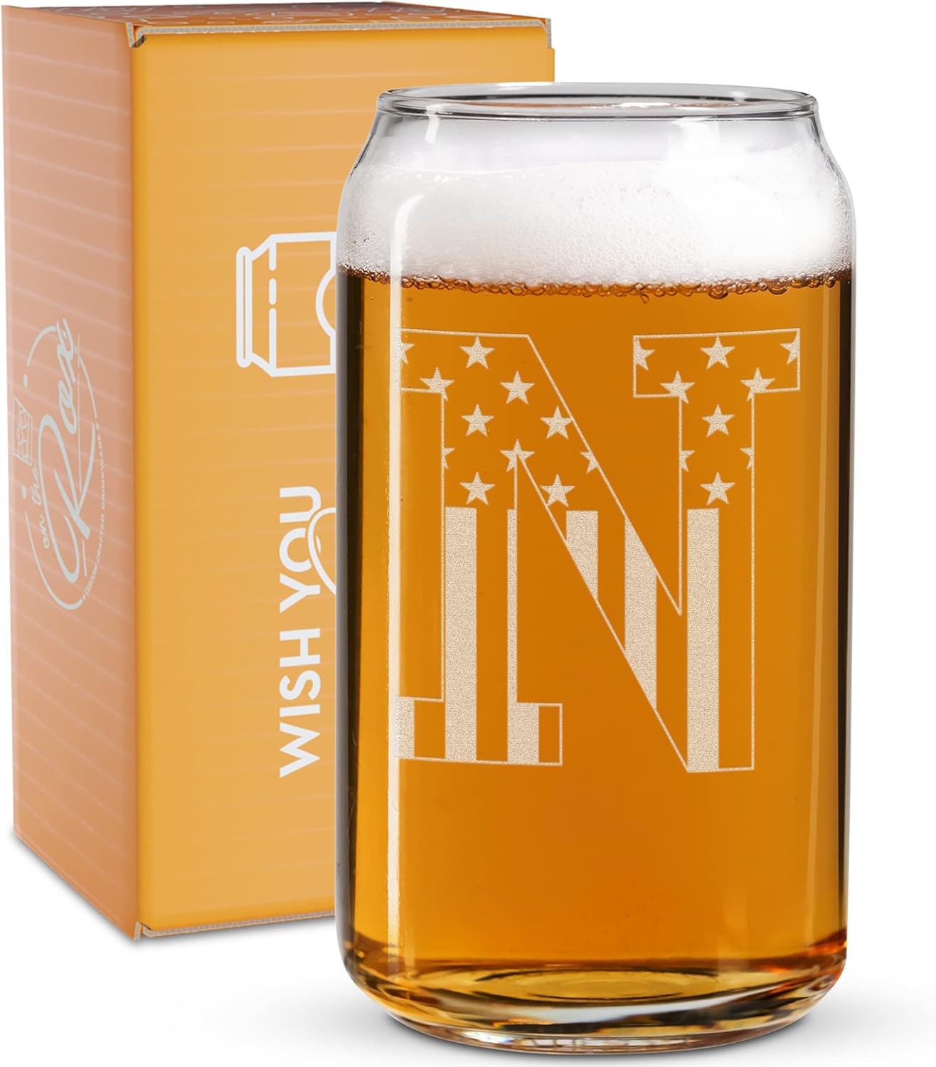 Vaso en forma de lata de cerveza con monograma grabado – bandera de EE.UU.