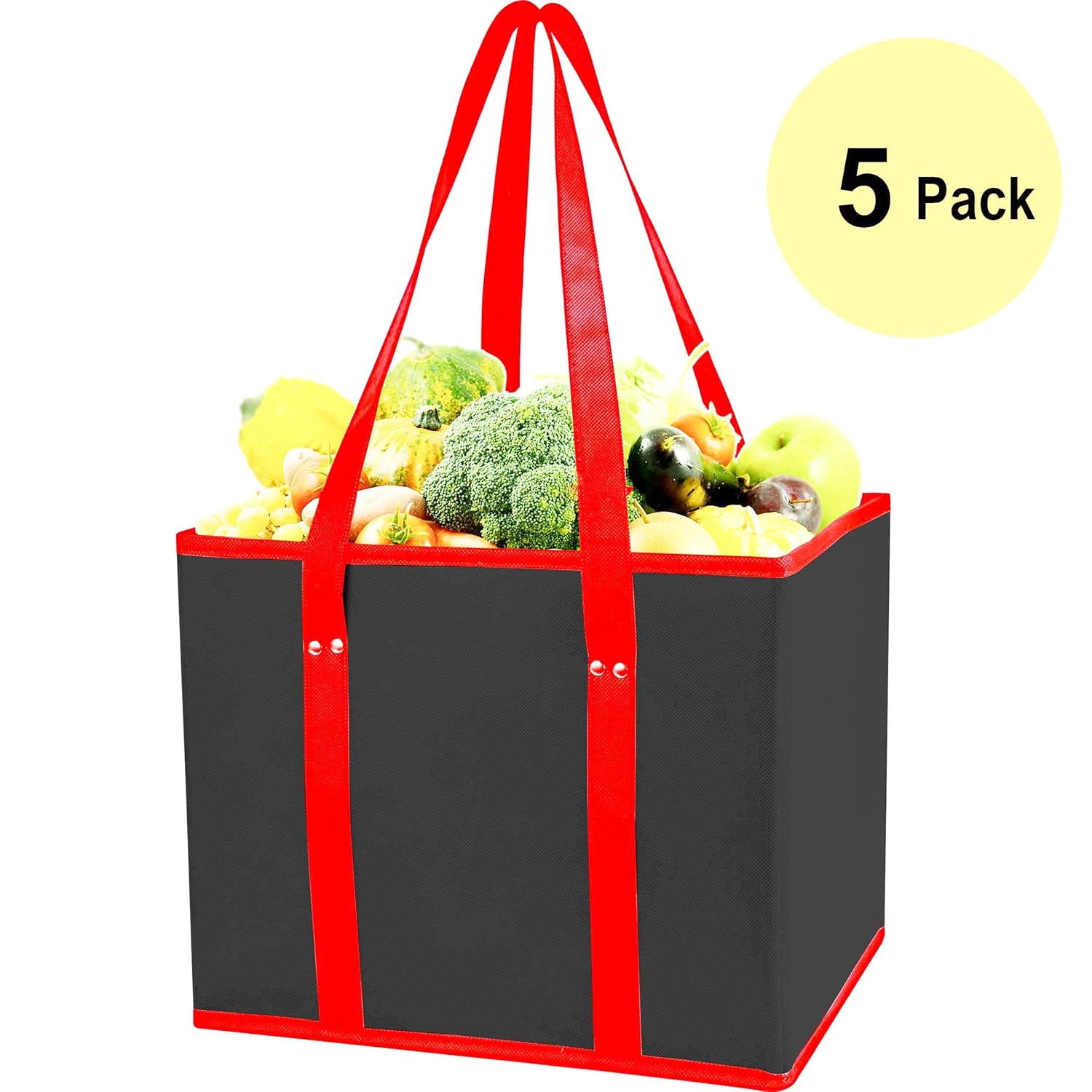 musbus Paquete de 5 bolsas de comestibles reutilizables plegables a granel con asas reforzadas, bolsas de compras para comestibles, cocina grande