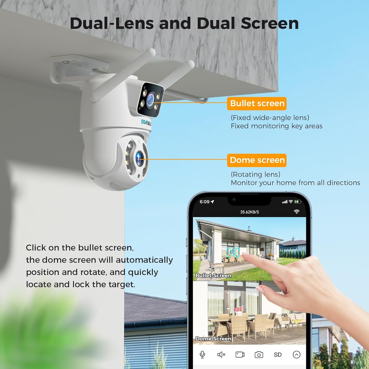 SOVMIKU 2WS318Enlace de doble lenteCámara de seguridad PTZ de 6 MP para exteriores, cámara de seguridad inalámbrica, seguimiento automático,