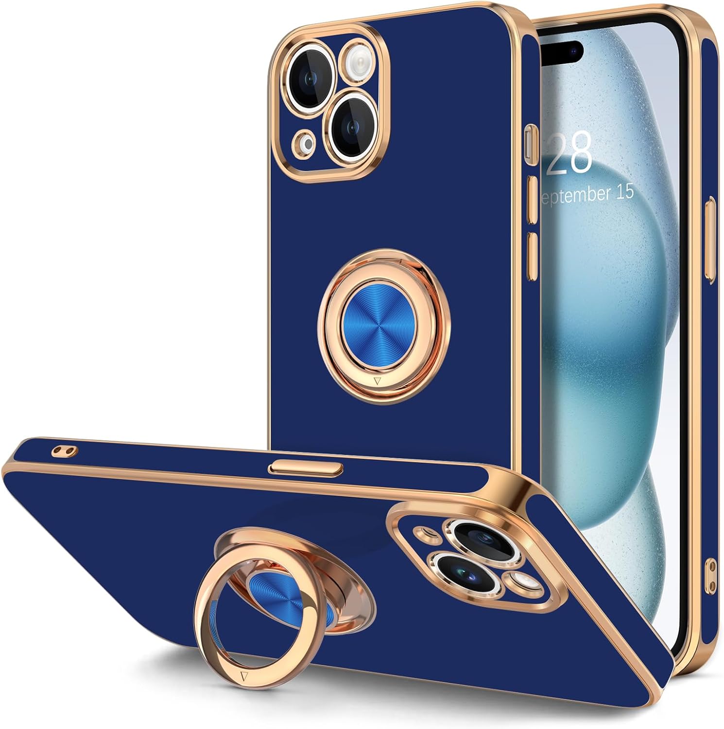 Hython Funda para iPhone 15 Plus con soporte de anillo, soporte de anillo giratorio de 360, soporte magnético, chapado en oro rosa, cubierta suave,