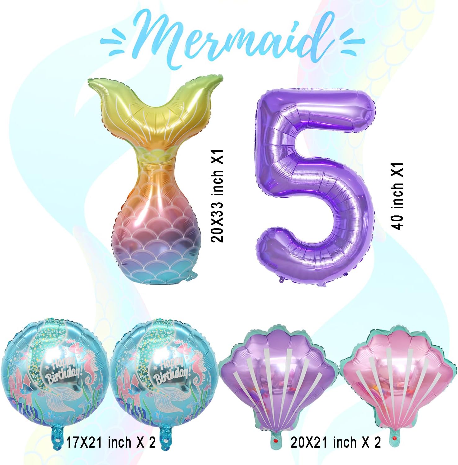 Decoraciones de fiesta de cumpleaños de sirena, suministros de fiesta de cumpleaños de sirena, incluye cola de sirena y globos morados del número 5