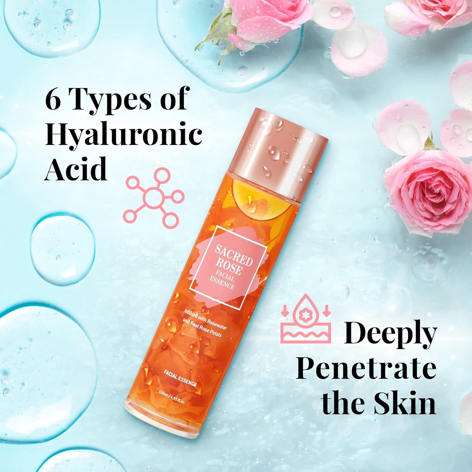K BEAUTY SACRED ROSE FACIAL ESSENCE – Suero iluminador facial infundido con agua de rosas y 6 tipos de suero de ácido hialurónico para la cara que