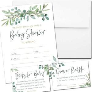 Juego de 25 invitaciones para baby shower con sobres, boletos para rifas de pañales y tarjetas de solicitud de libro de baby shower, eucalipto Juego de 25 invitaciones para baby shower con sobres, boletos para rifas de pañales y tarjetas de solicitud de libro de baby shower, eucalipto