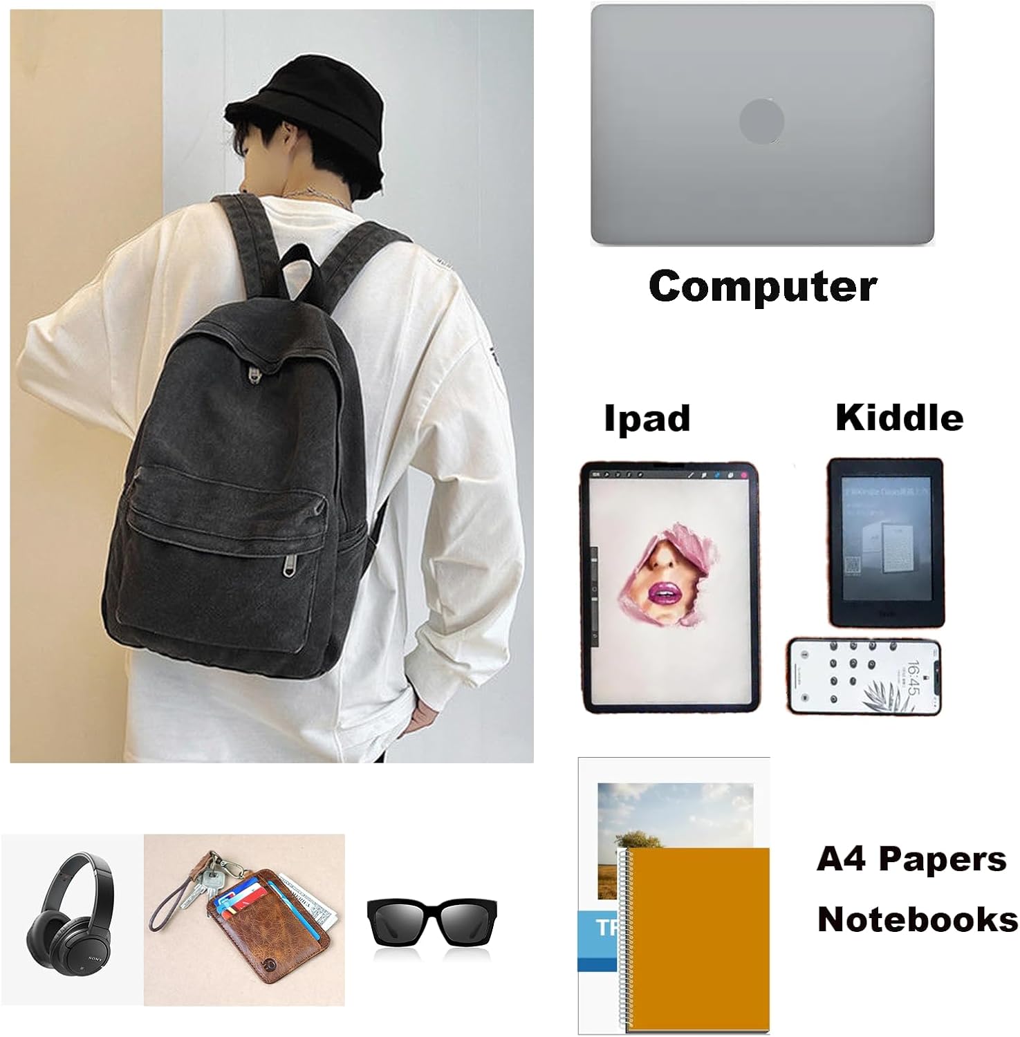 Mochilas estéticas, ligeras, repelentes al agua, informales, para mujer, hombre, escuela, regalo para estudiantes, Negro -, Mochila