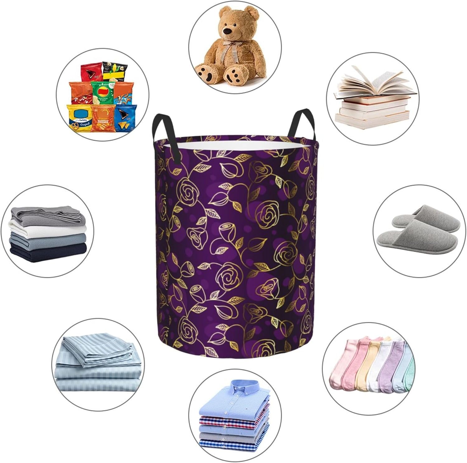 Cesta de lavandería con asas, para ropa sucia, juguetes, organiza almacenamiento, compatible con flores florales, moradas y doradas, cesta de