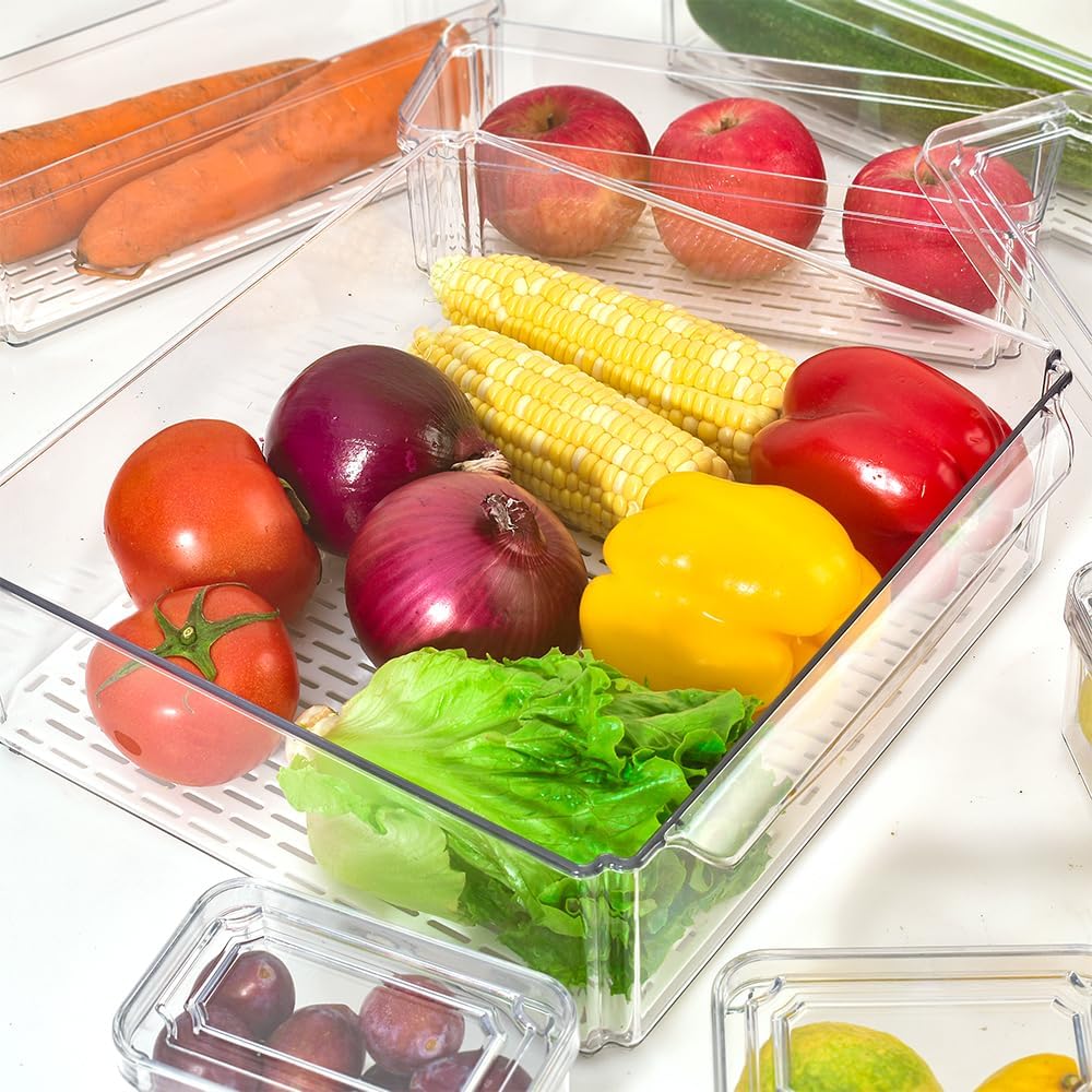 Contenedores organizadores apilables para refrigerador con tapas, organizadores y contenedores de almacenamiento, contenedores de plástico sin BPA