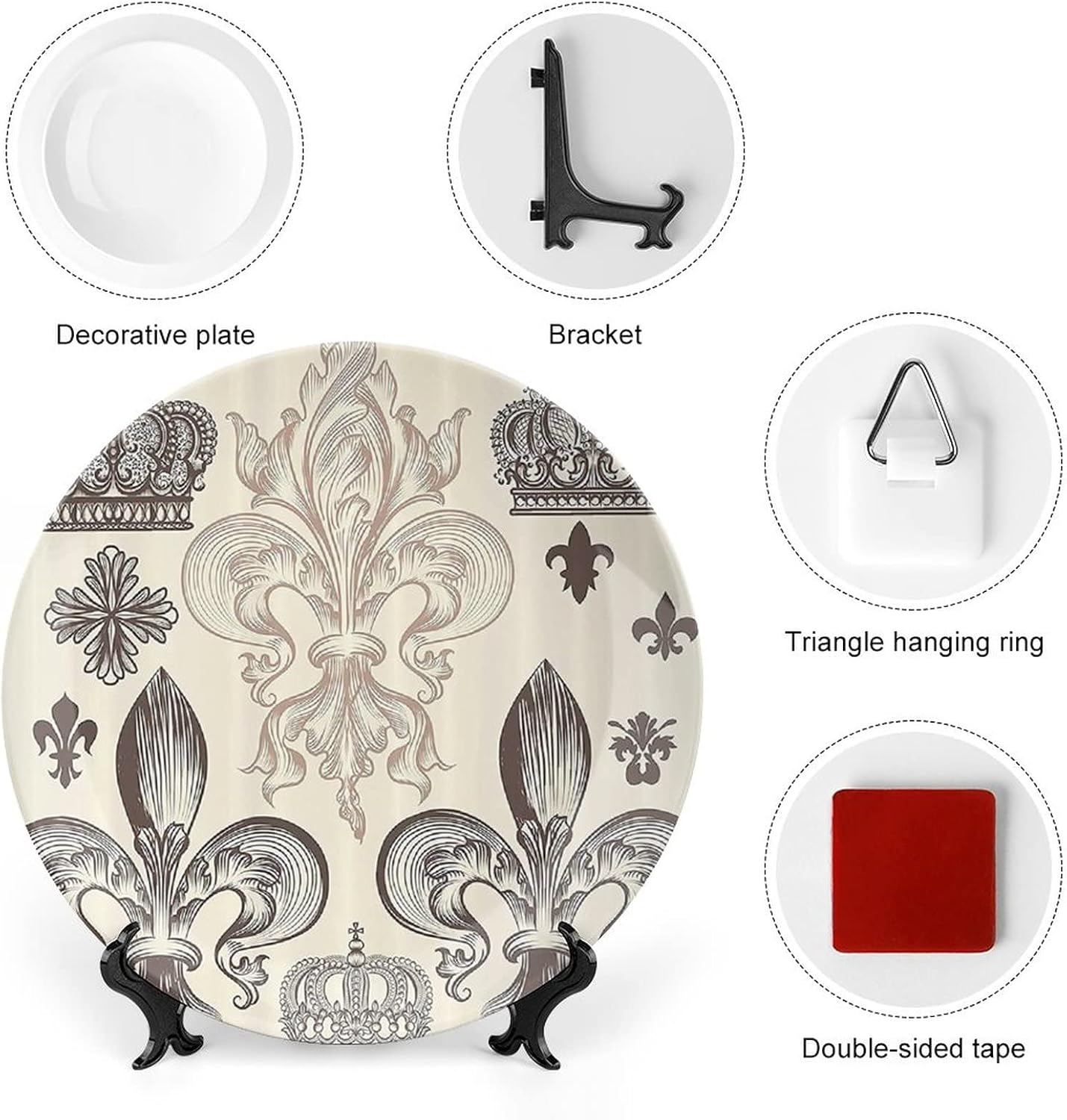 Plato decorativo de 6 pulgadas, plato de cena de flor de lis, patrón heráldico, escudo de armas, placa de exhibición de adorno para mesa de comedor,