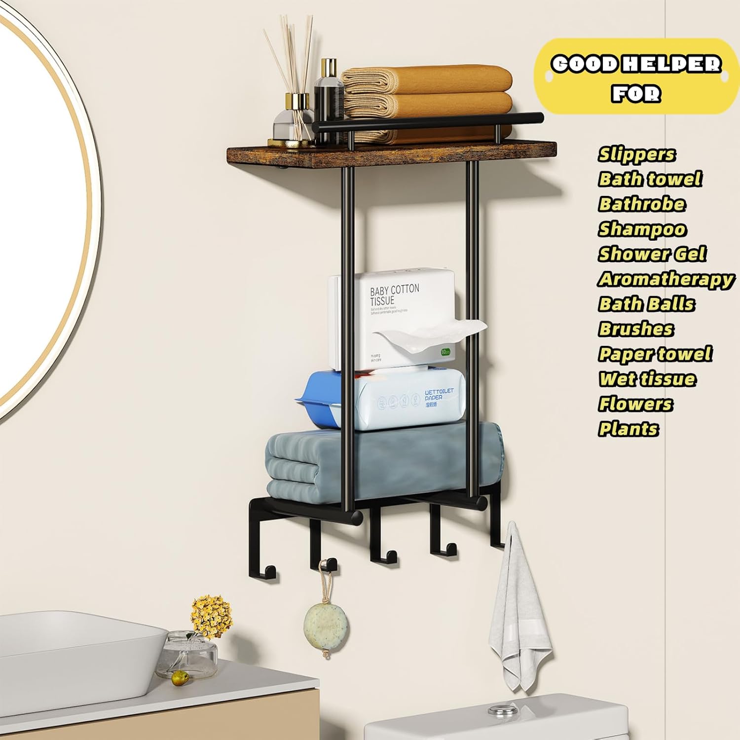 Godboat Toalleros para baño, toallero con estante de madera, 5 ganchos organizadores de baño y almacenamiento cerca del calentador de toallas,
