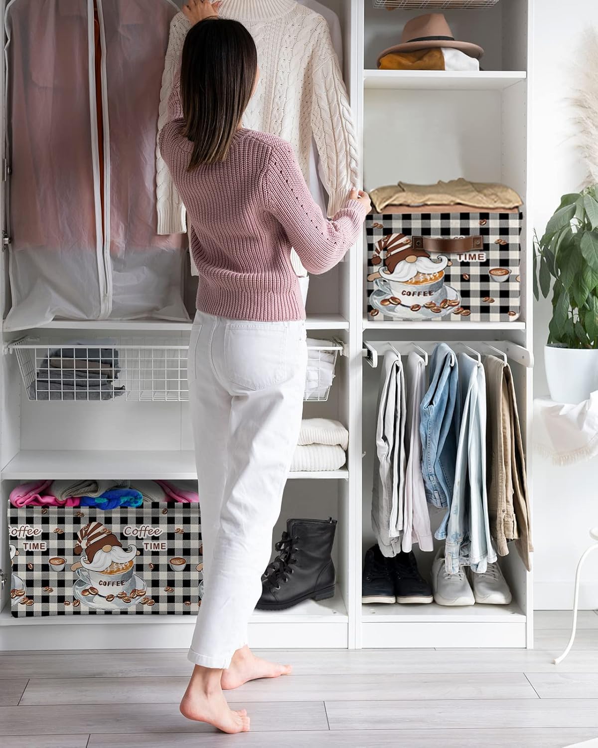 Qumstemily Cesta de almacenamiento para organizar estantes, cajas de almacenamiento plegables con asa, gnomos, granos de café, blanco y negro, cesta