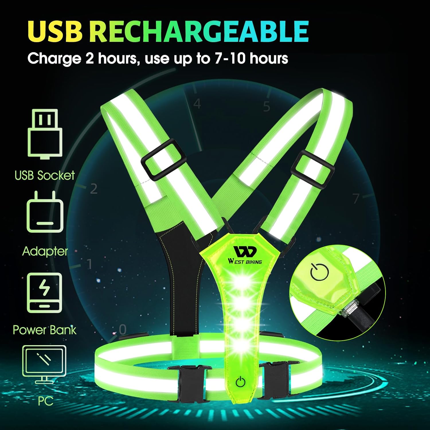 West Biking Running Vest Light – Led Running Reflective Gear for Walking at Night, High Visibility Night Rechargeable Light Up Running Vest,