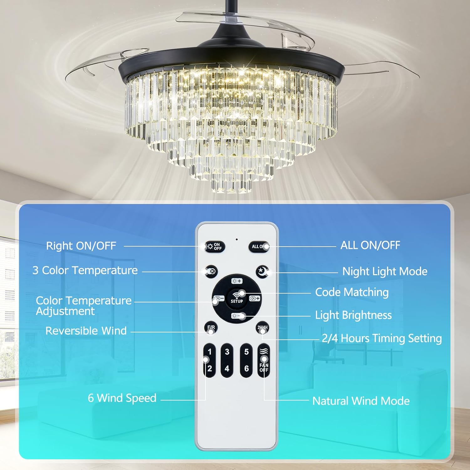 XINSHUO Ventiladores de techo con luces de control remoto 42 pulgadas, luz de ventilador de cristal regulable con 3 cuchillas retráctiles 3