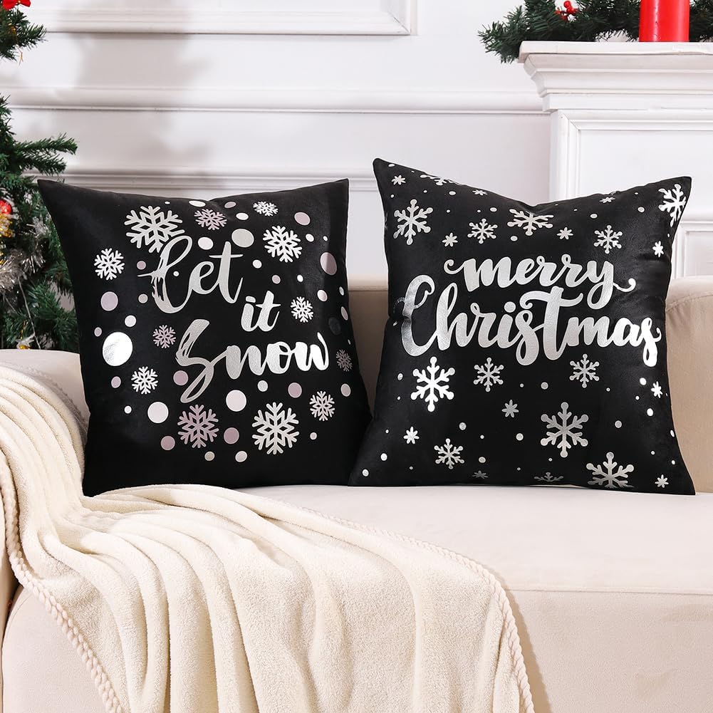 Juego de 4 fundas de almohada navideñas negras y plateadas de 18 x 18 pulgadas, decoración de Navidad plateadas y negras, almohadas decorativas de