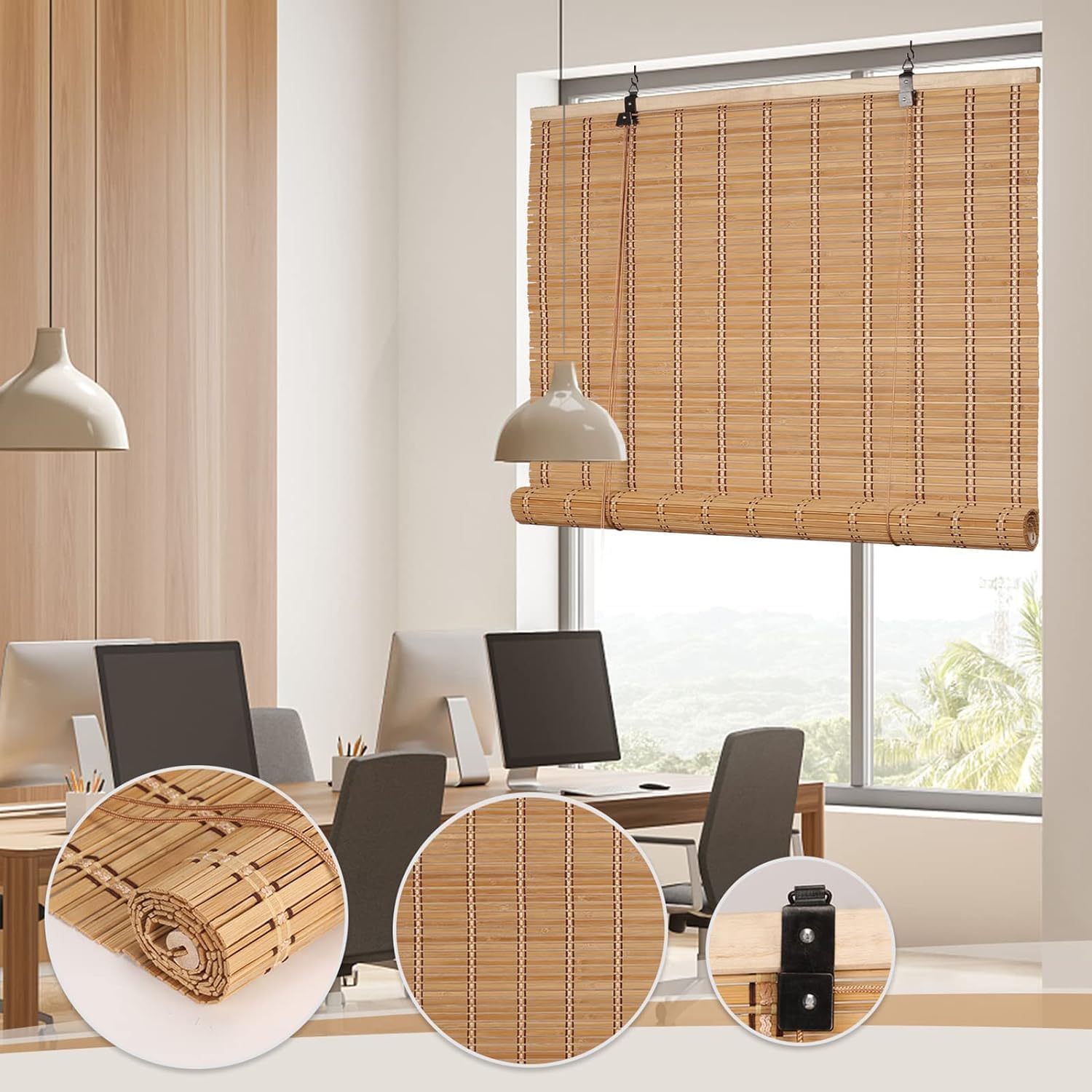 FoundGo Persianas enrollables de bambú de 24 pulgadas de ancho x 72 pulgadas de alto, cortinas enrollables de bambú retro para ventanas y puertas.