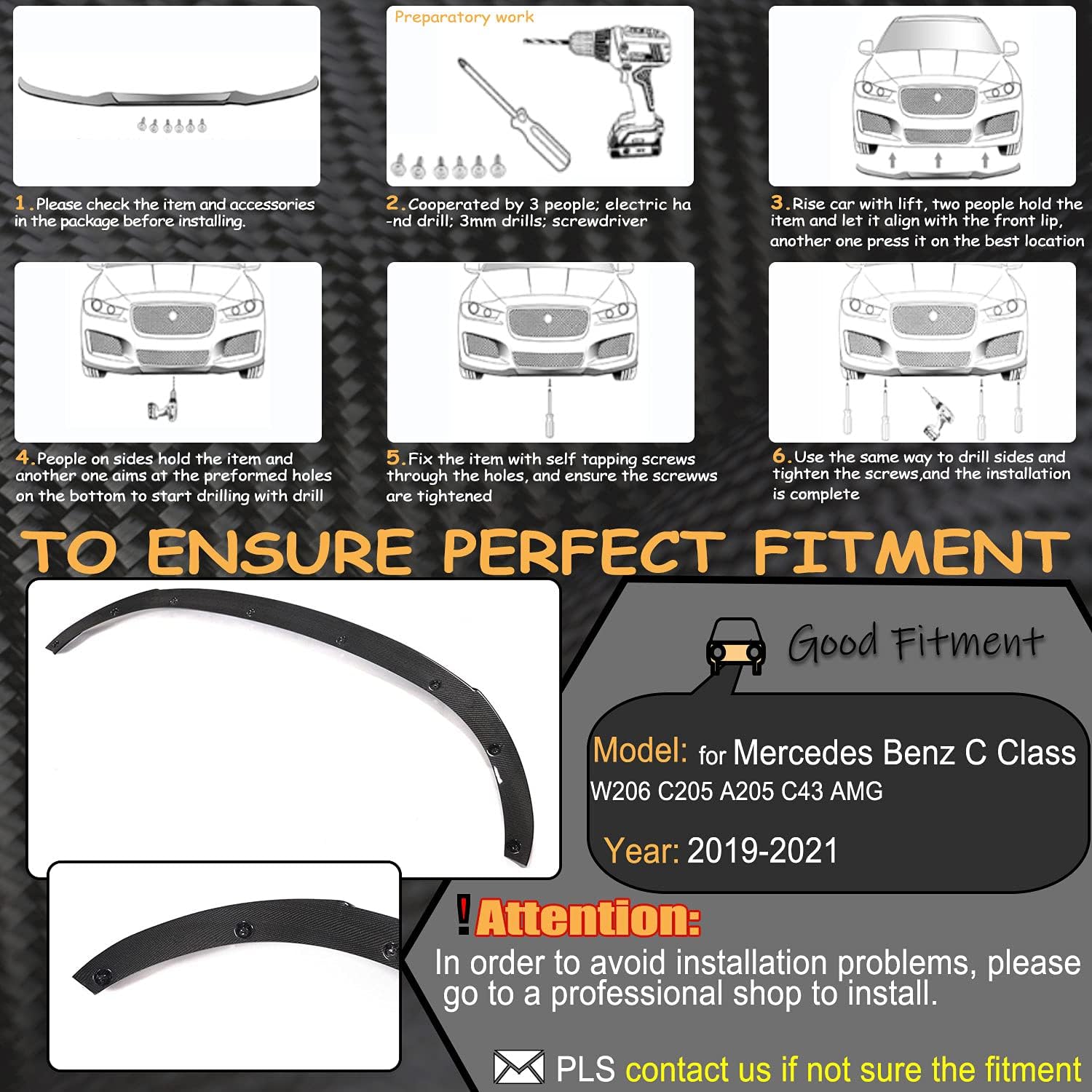 Borde de parachoques delantero de fibra de carbono para Mercedes Benz Clase C W206 C205 A205 C43 AMG 2019-2021 Protector divisor de alerón de