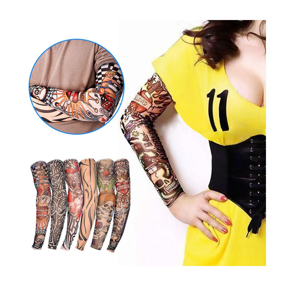 6 unids nuevo nylon elástico falso tatuaje temporal manga diseños cuerpo brazo medias tatoo para hombres hombres mujeres