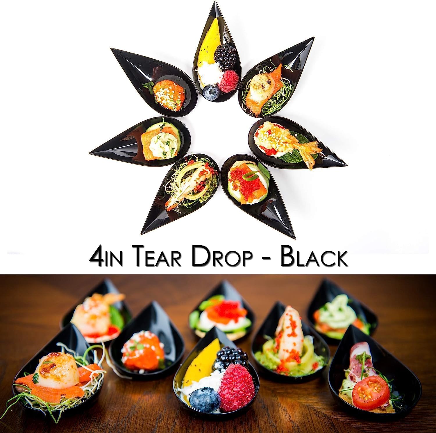 DLux 500 mini platos para aperitivos de 4 pulgadas, cucharas de plástico negro reutilizables, platos de postres y aperitivos, platos para servir,