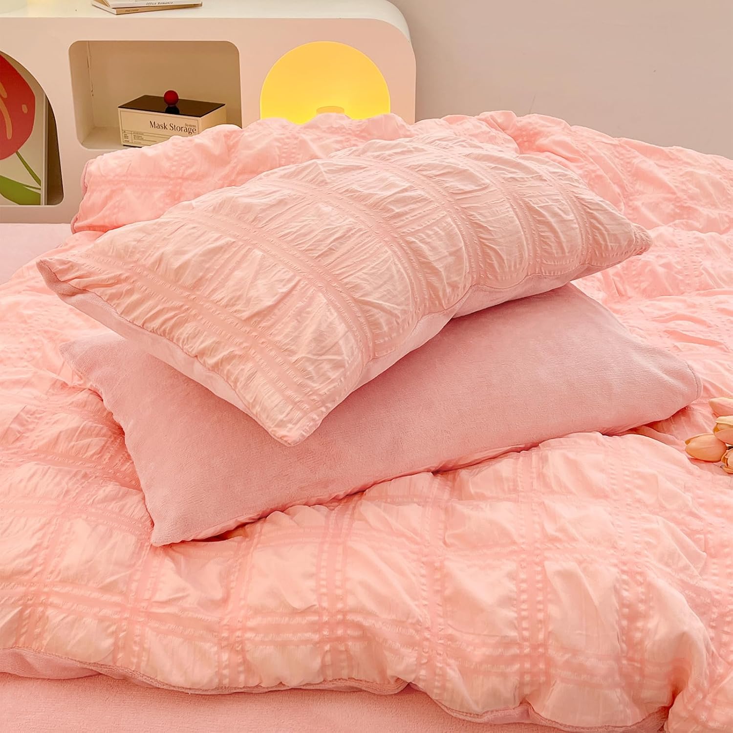 Beyeutao Juego de funda de edredón de sirsaca de terciopelo, tamaño Queen, funda de edredón de sirsaca rosa, juego de ropa de cama de franela
