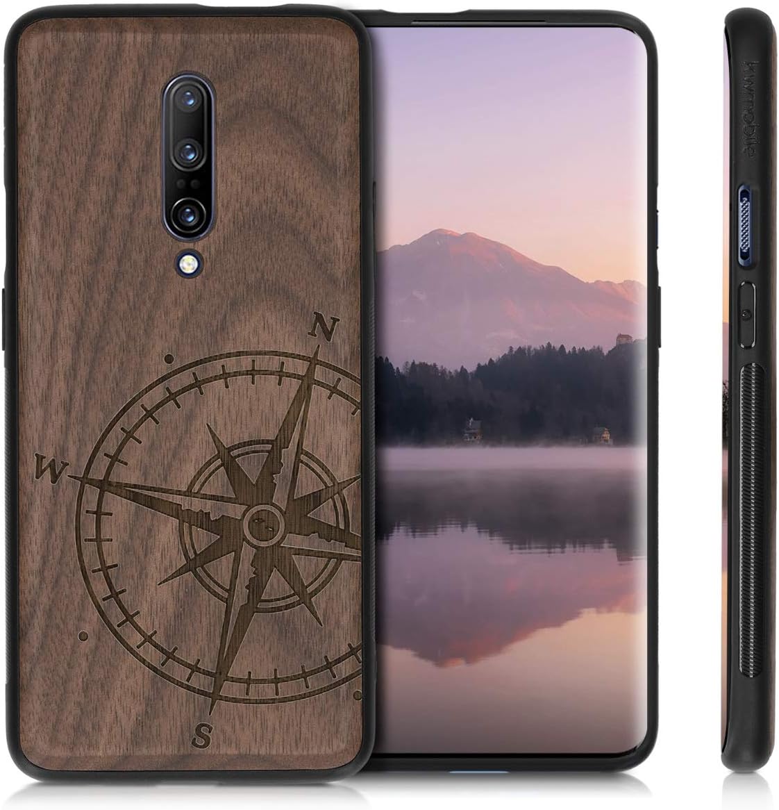kwmobile Funda de madera compatible con OnePlus 7 Pro – Funda – Brújula de navegación marrón oscuro
