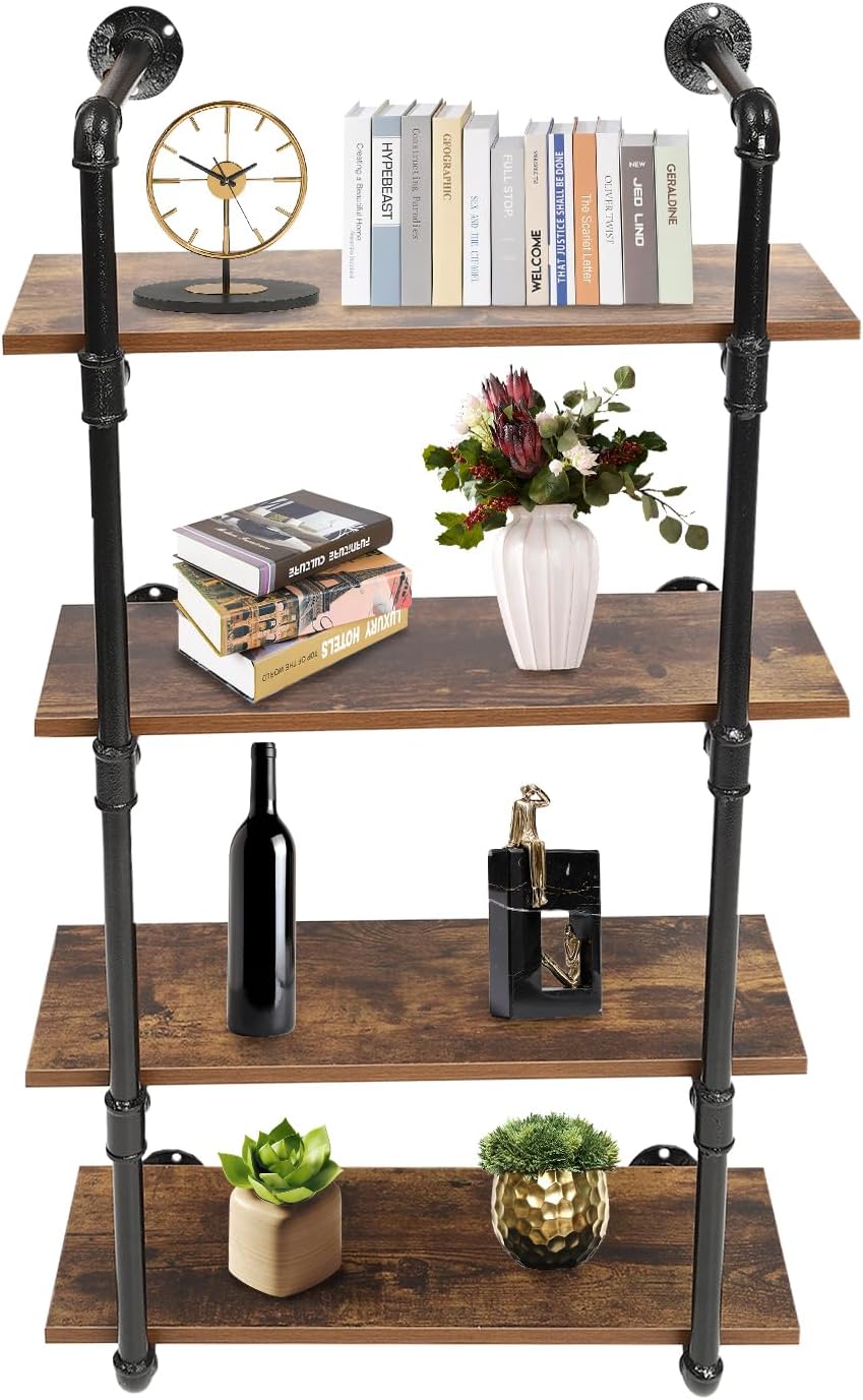 EurHomePlus Estantes flotantes de metal de 4 niveles para montar en la pared, estantería abierta, estantes de madera real Steampunk, estante de