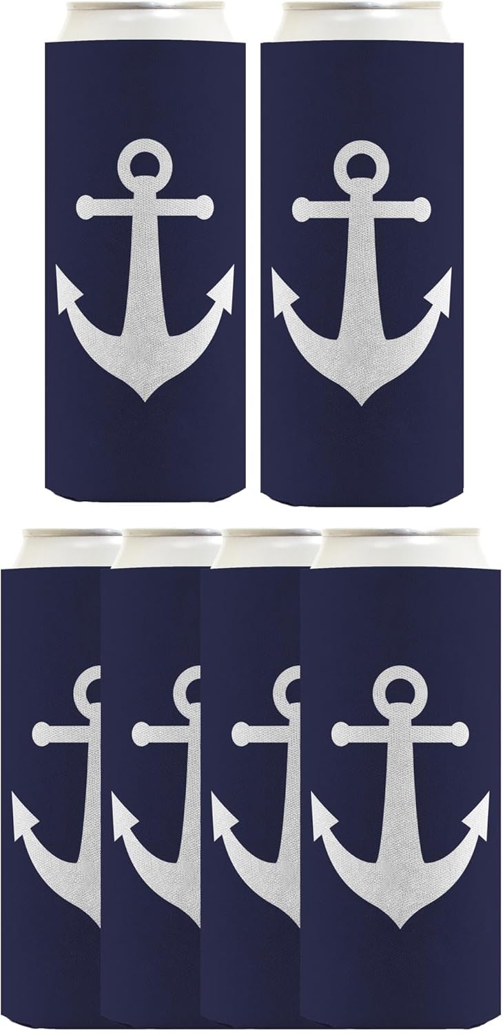 Regalos de capitán de barco para hombre, diseño clásico de ancla náutica azul marino, paquete de 6 fundas ultradelgadas para beber latas