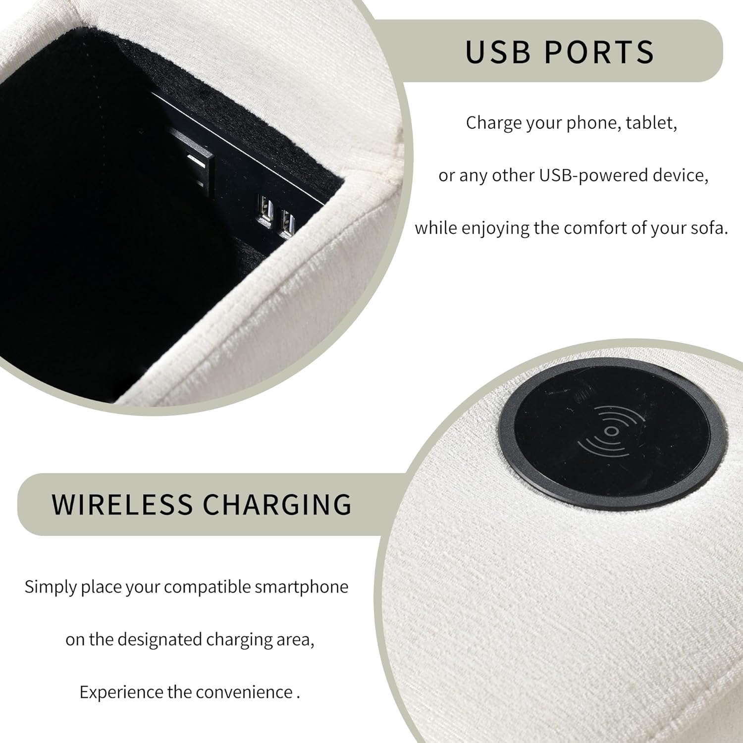 Sofá modular modular en forma de L de 4 plazas con puertos de carga USB, carga inalámbrica y altavoz Bluetooth integrado en el brazo, sofá cama