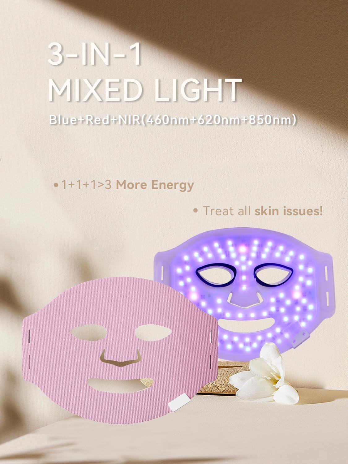 NEWDERMO Máscara de terapia de luz LED, terapia de luz roja para cara, terapia de luz LED de silicona, terapia de luz, infrarrojo cercano, máscara