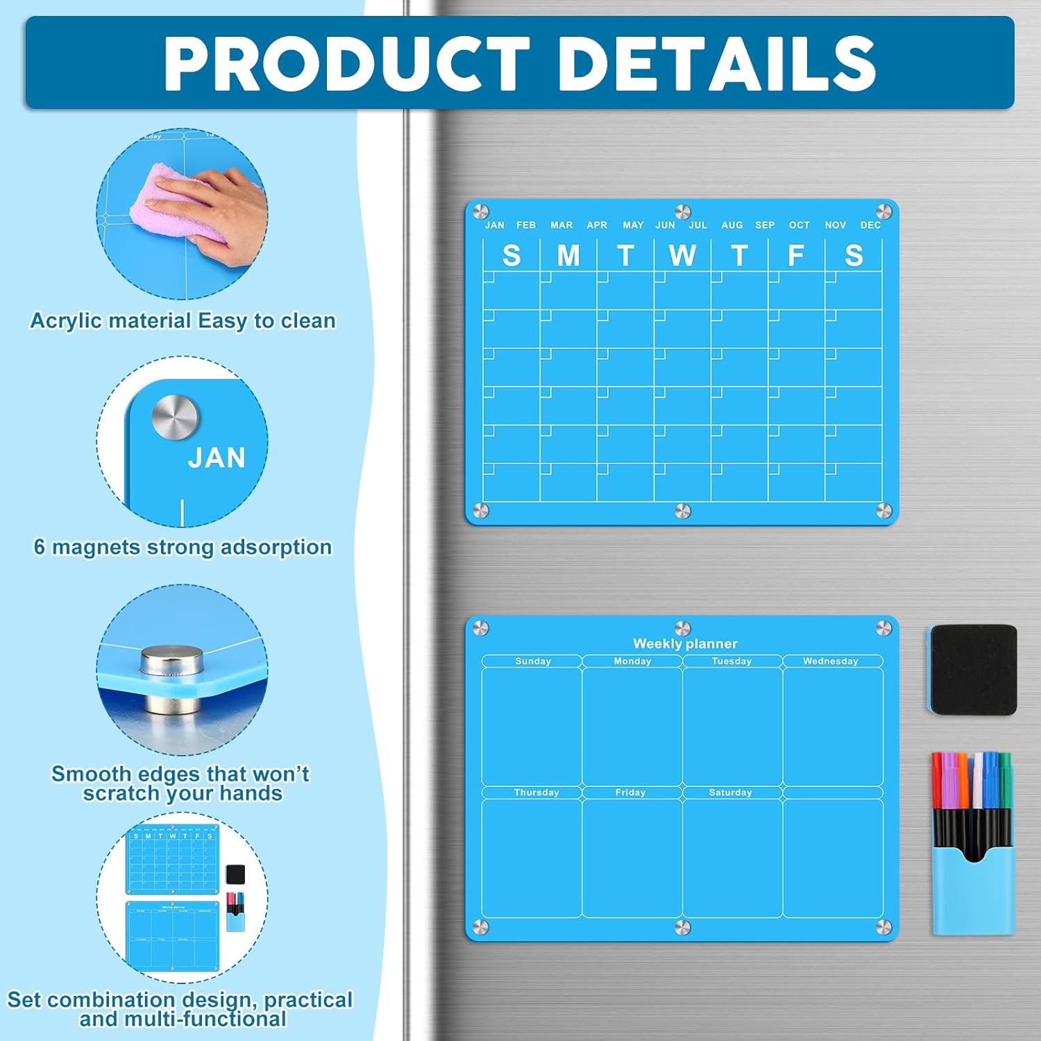 Yeaqee Calendario mensual y semanal magnético acrílico para refrigerador, 2 piezas, tablero planificador reutilizable para refrigerador, incluye 6
