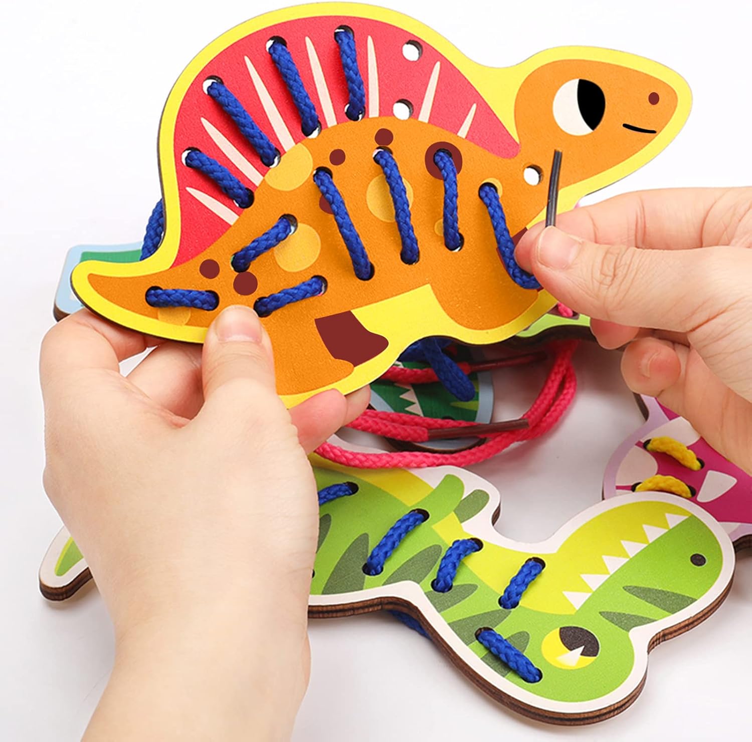 Atoylink Paquete de 5 tarjetas de cordón de dinosaurio de madera para niños pequeños, juguetes de viaje, juegos preescolares, habilidades motoras