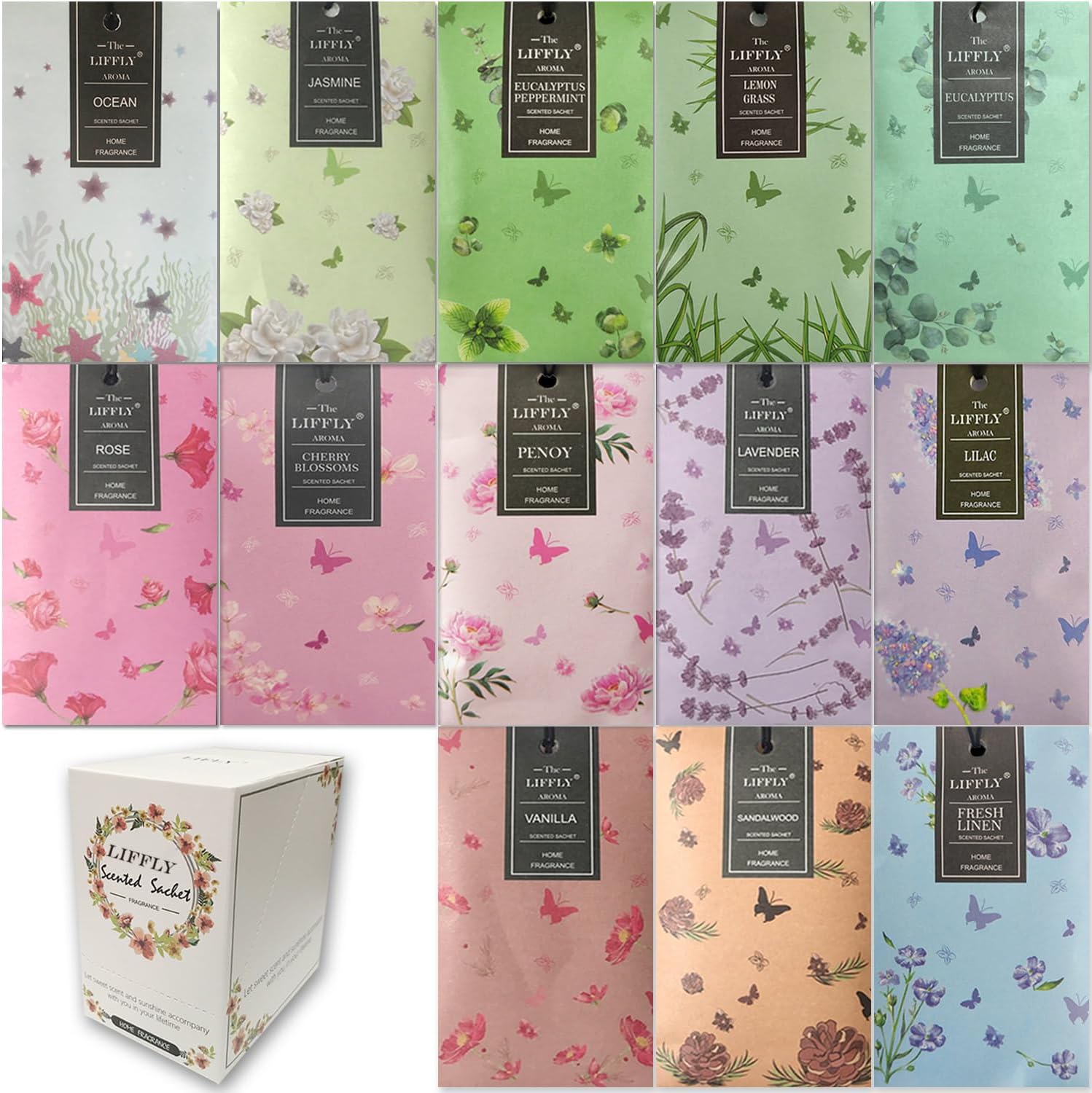 13 sobres perfumados para cajones y armarios, 14 paquetes de lavanda, rosa, jazmín, océano, vainilla, sándalo, lino fresco, cerezo, lila, eucalipto,