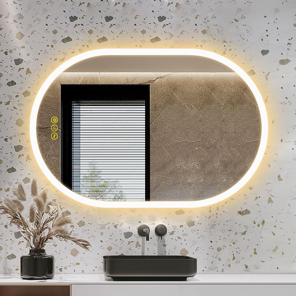 Espejo LED ovalado de baño de 24 x 36 pulgadas, espejo retroiluminado LED, tocador de baño con luces, 3 colores sin escalones, regulable,