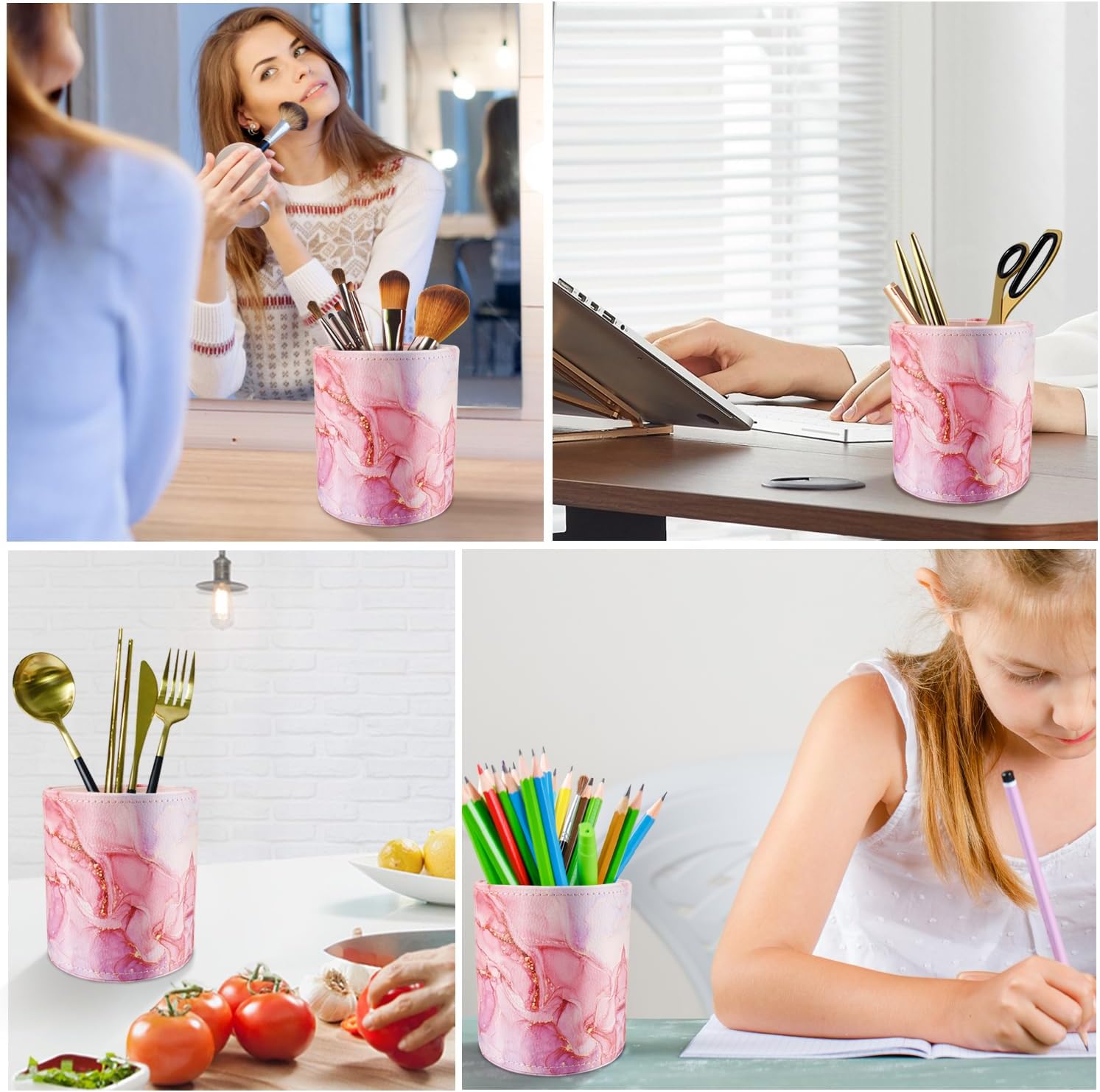 WAVEYU Soporte para bolígrafos para mujeres y niñas, taza de lápices, decoración de escritorio rosa, soporte para brochas de maquillaje, soporte