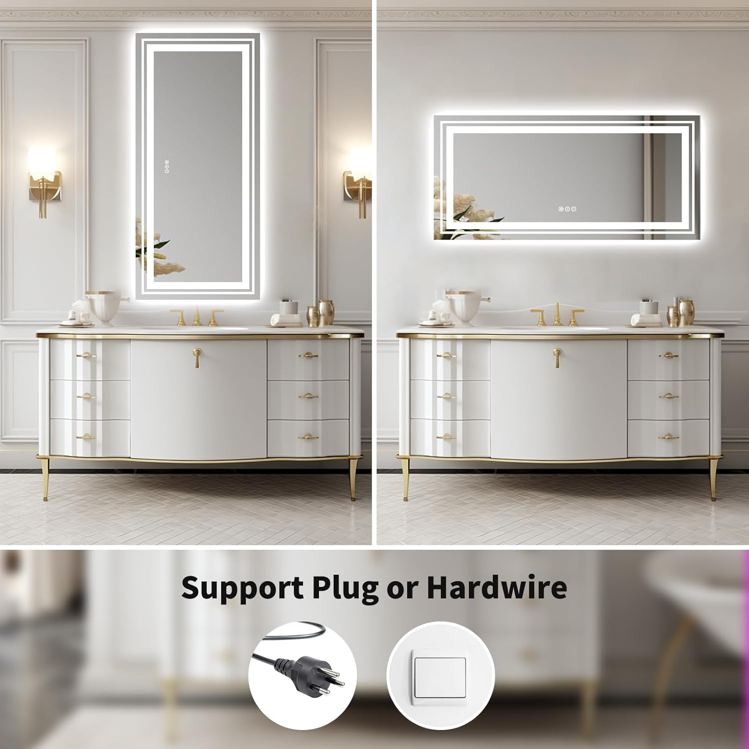 WTTY Espejo LED de 88 x 38 pulgadas para baño, regulable, grande, moderno, con retroiluminación y luz delantera, espejo de tocador de baño con luz