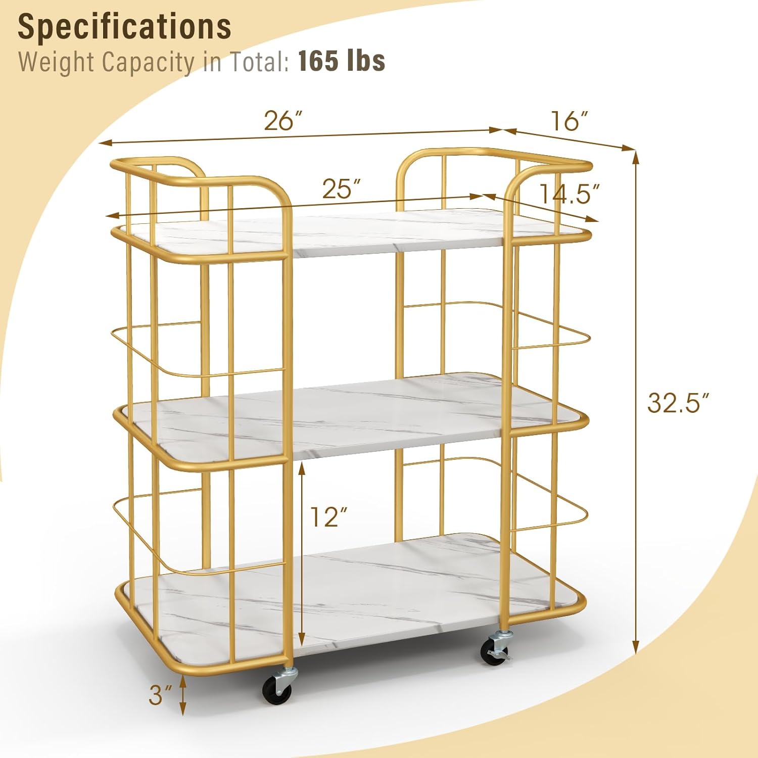 COSTWAY Carrito de barra rodante dorado, carrito de cocina de 3 niveles con marco de acero resistente, parte superior con acabado de mármol y mango