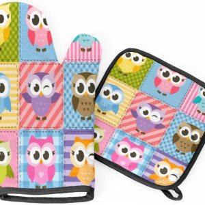 Juego de manoplas de horno y soportes para ollas de búhos coloridos y divertidos, resistentes al calor, guantes de horno antideslizantes y tapete de Juego de manoplas de horno y soportes para ollas de búhos coloridos y divertidos, resistentes al calor, guantes de horno antideslizantes y tapete de