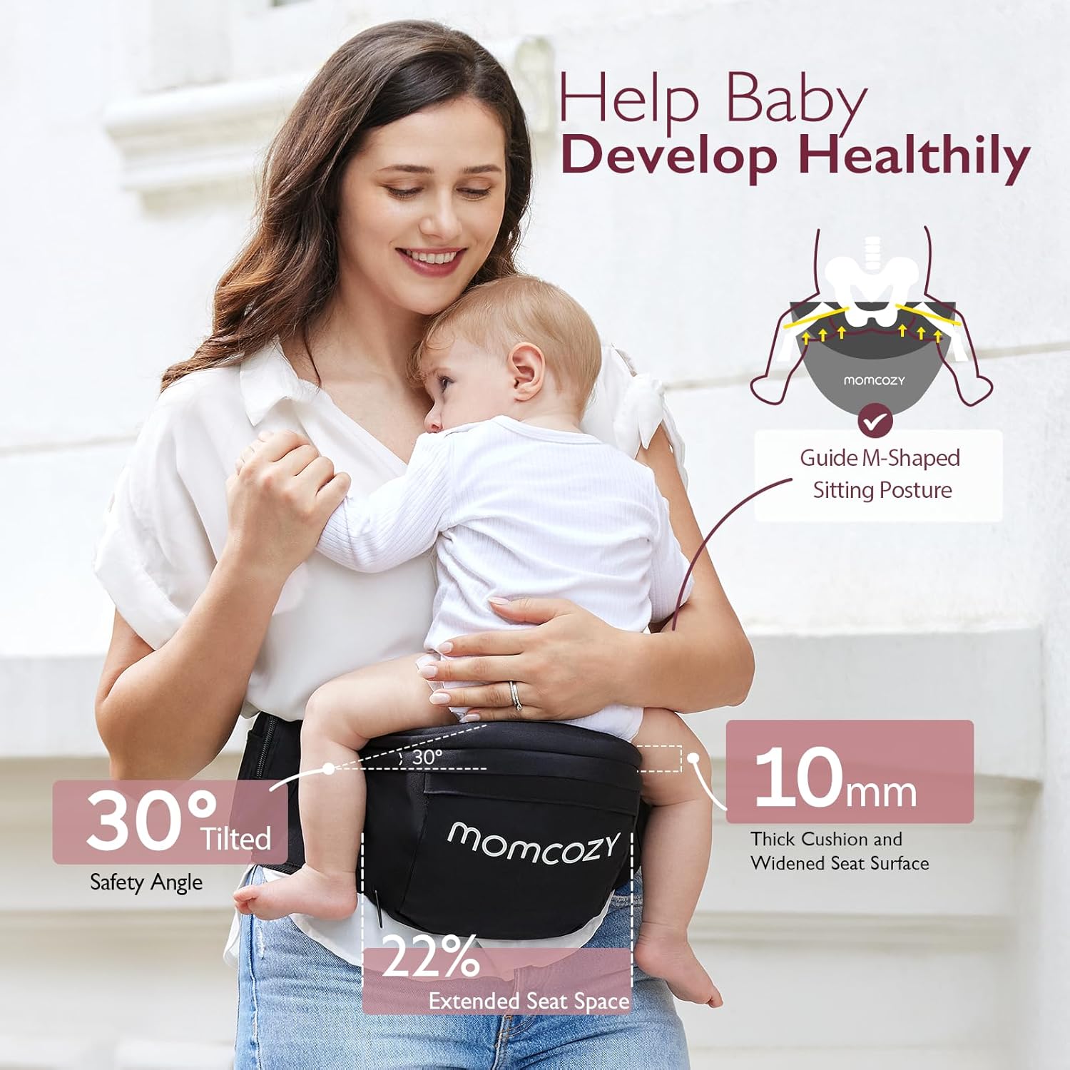 Momcozy Portabebés con asiento de cadera, cintura ajustable con protector de vientre 3D original, portabebés ergonómico con varios bolsillos para