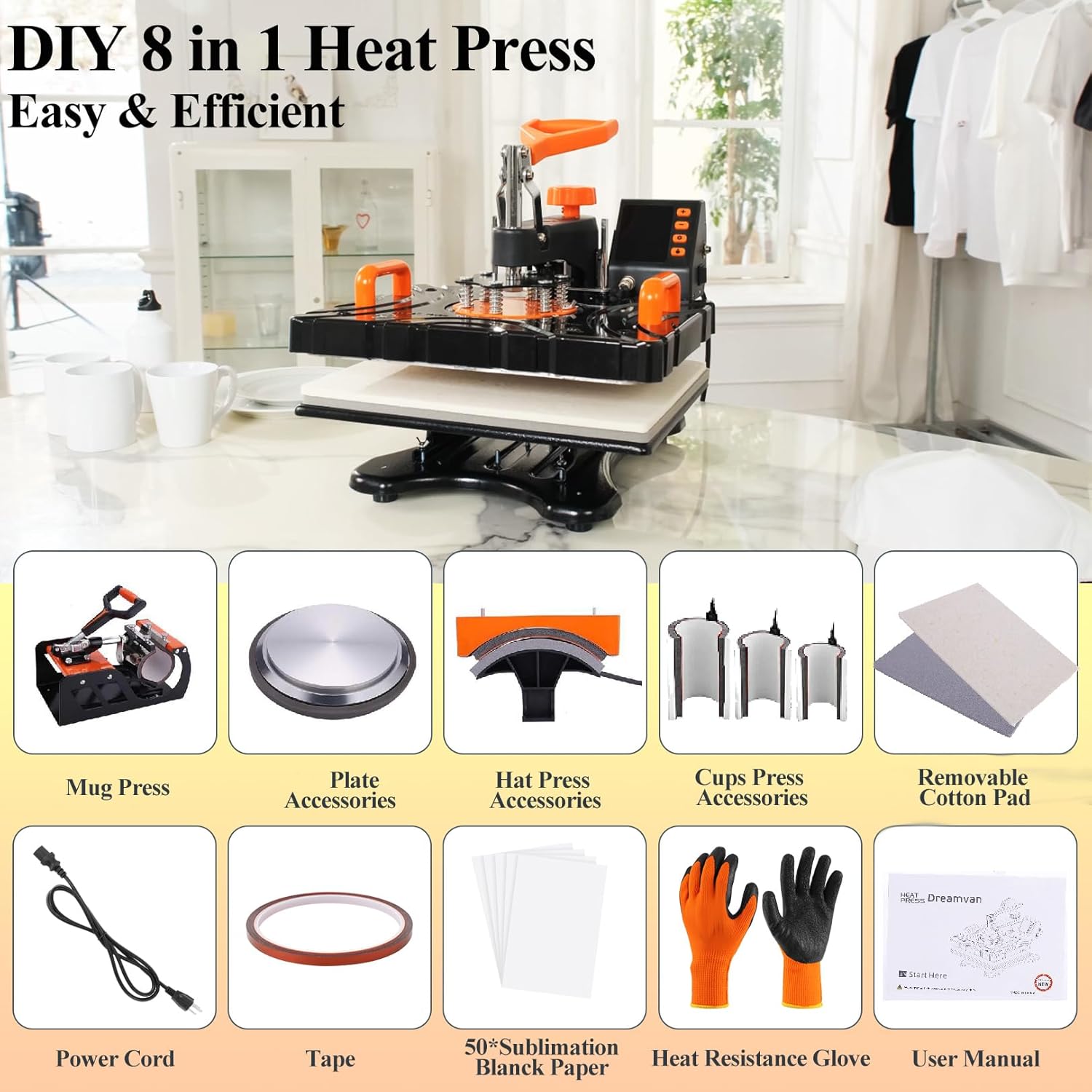 Máquina de prensa de calor para camisetas de 12 x 15, prensa de calor 8 en 1, máquina de sublimación de 850 W, prensa de calor de placa giratoria de