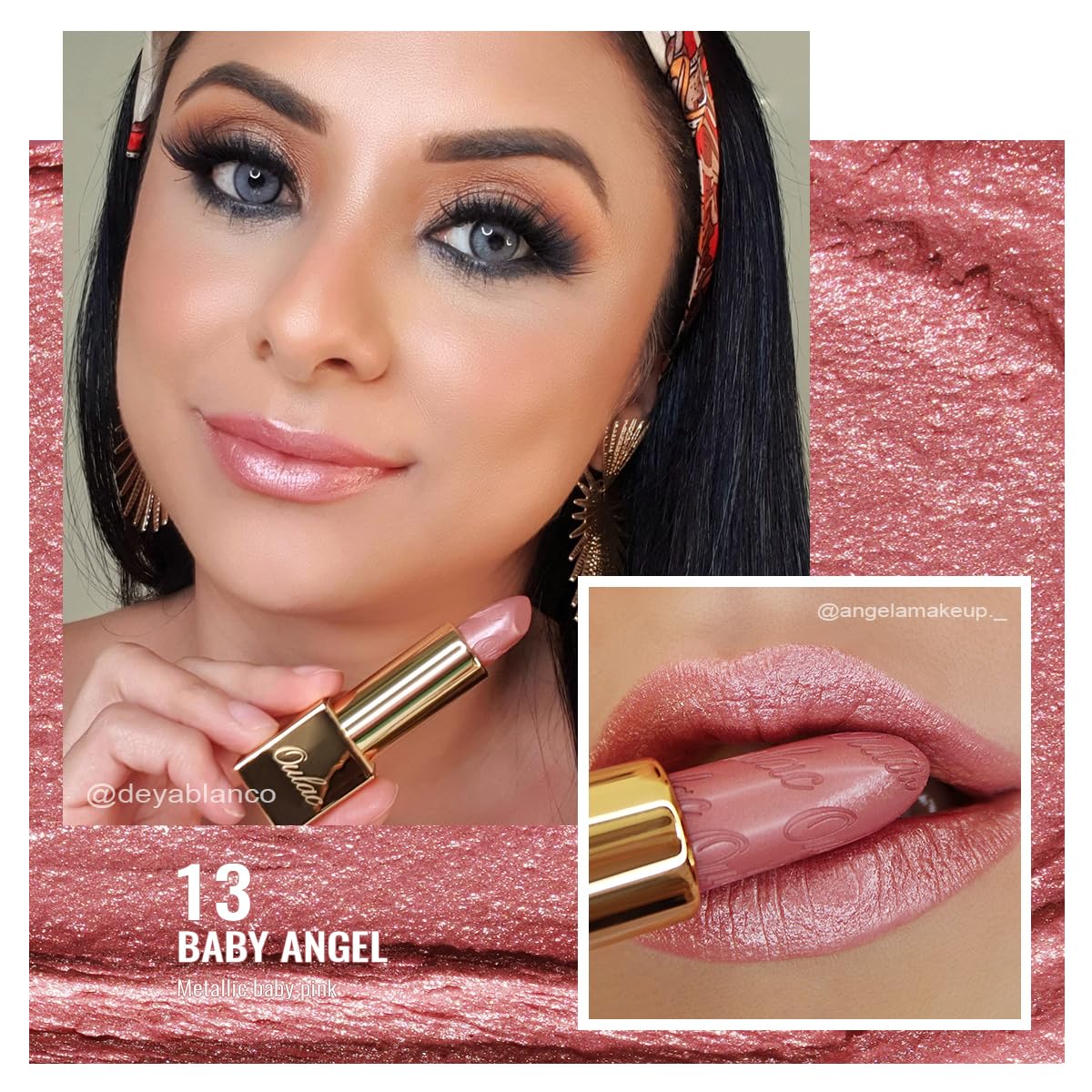 Oulac Lápiz labial rosa claro para mujer con brillo metálico 3D fórmula hidratante ligera, color de labios de alto impacto, belleza vegana y sin