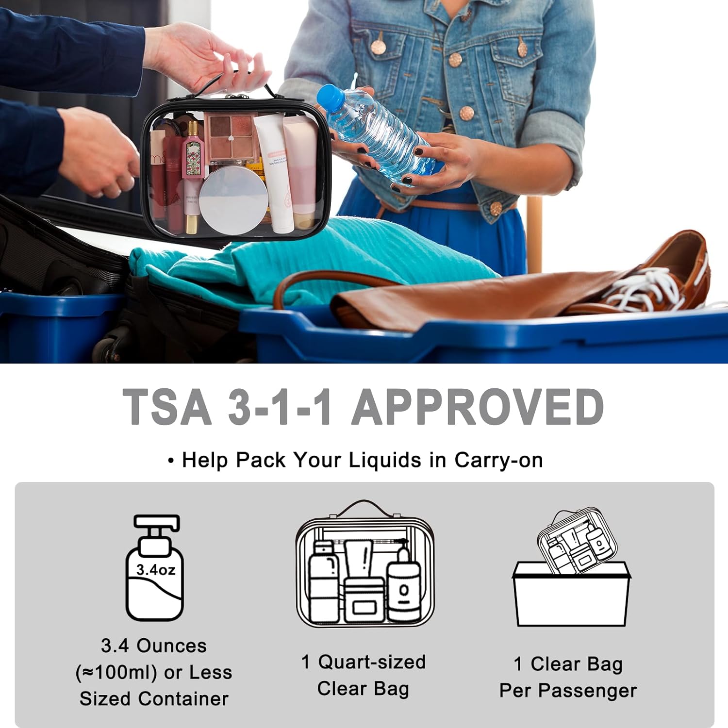 Neceser de viaje transparente aprobado por la TSA de 2 capas, organizador de maquillaje de gran capacidad, Negro -, Neceser de viaje transparente de