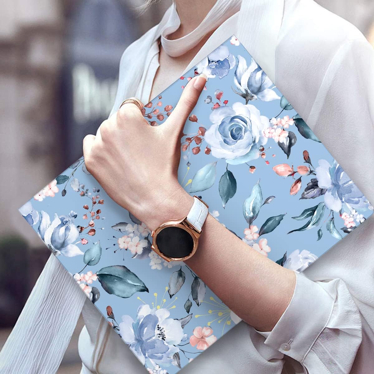 WAVEYU Bonita carpeta de 3 anillos de 1 pulgada con bolsillos interiores de tamaño carta para suministros de oficina escolar, flor azul