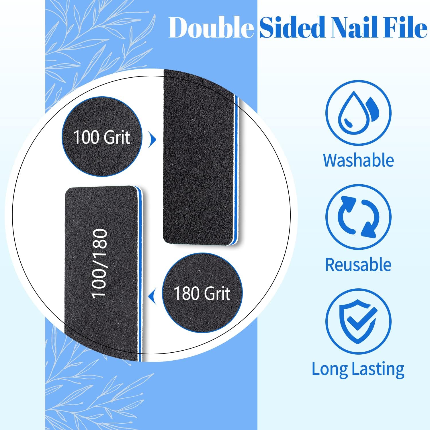 BLESWIN Lima de uñas rectangular de grano 100180, 25 limas de uñas para uñas acrílicas y de gel, limas de uñas profesionales a granel, lima de uñas