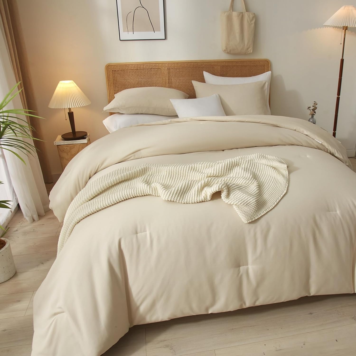 AMWAN Juego de edredón beige Queen Boho Beige Juego de ropa de cama de 3 piezas tamaño Queen, 1 edredón beige tostado con 2 fundas de almohada,